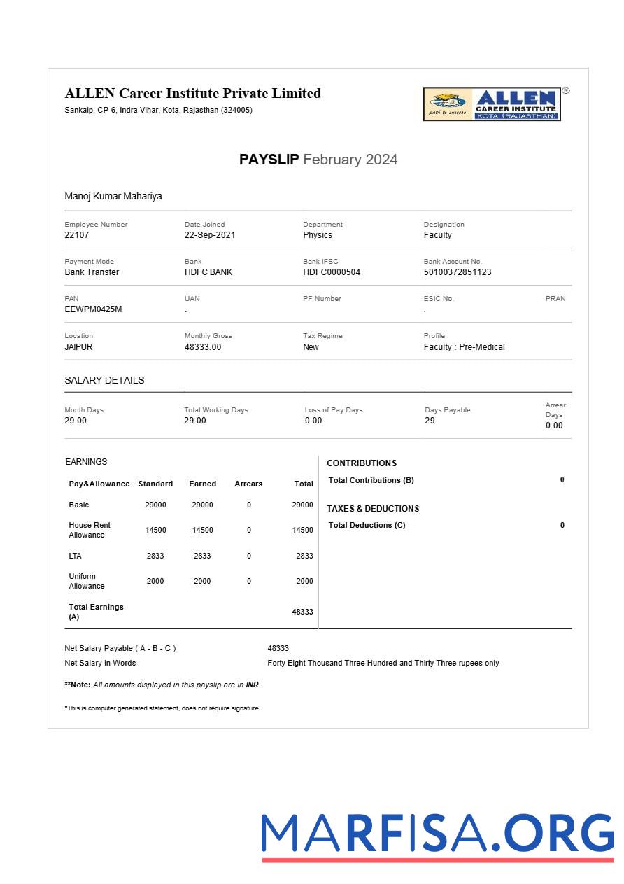 Downloadable Allen Career Institute payslip template